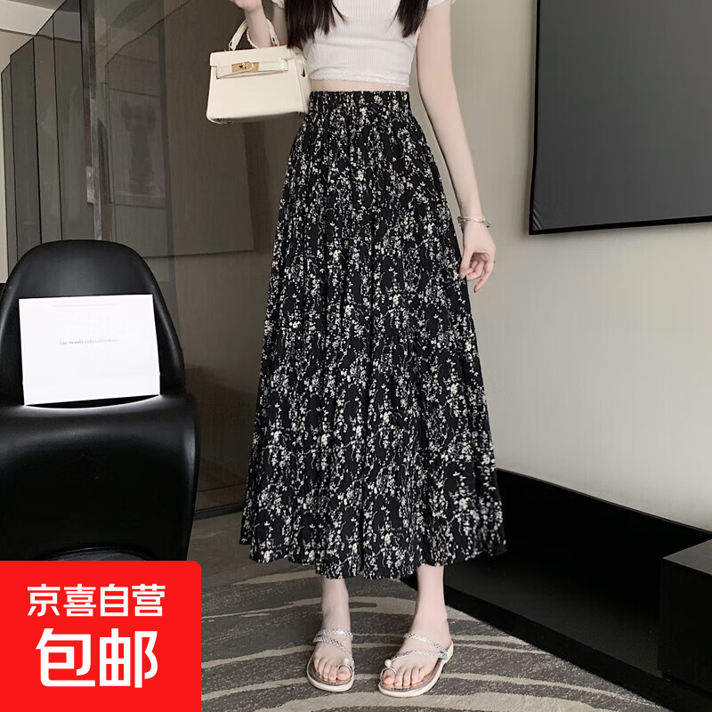 小个子复古碎花半身裙女春2026夏季新款高腰显瘦蛋糕裙大摆A字裙 小个子黑色 身高145-157CM 2XL 建议130-150斤