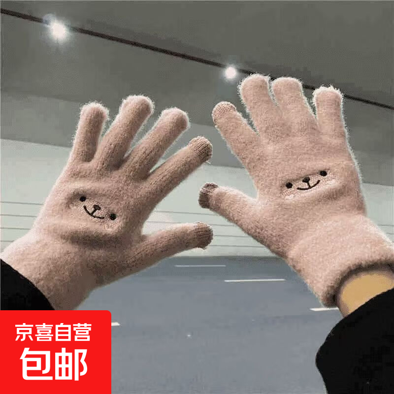 手套女学生冬季韩版可爱加绒加厚保暖骑车五指防寒保暖棉手套 粉色【升级双层加厚可触屏】