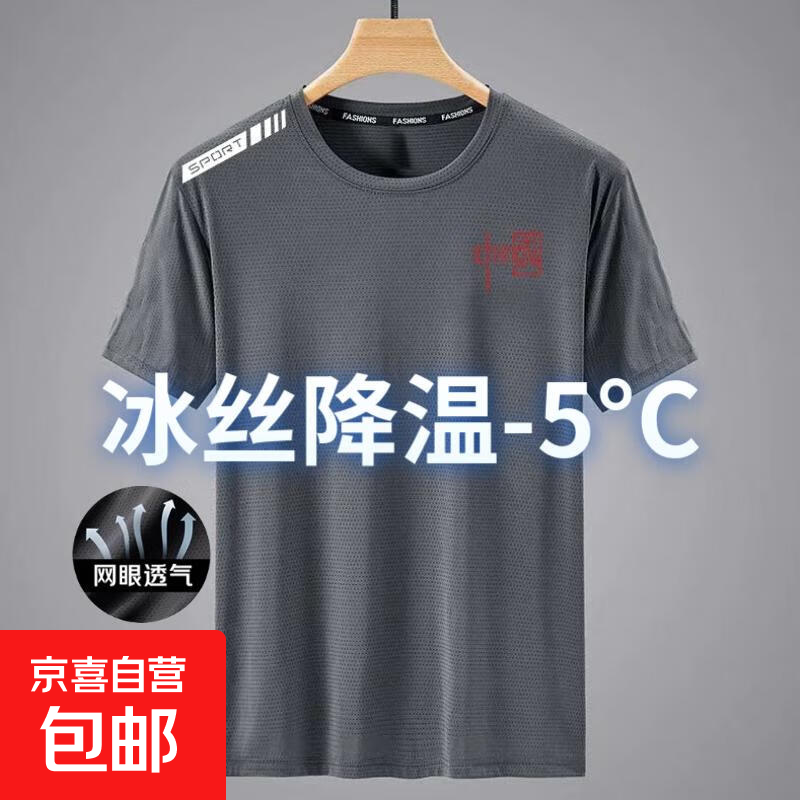 【网眼透气清爽】夏季印花短袖男运动速干男士t恤男冰丝健身衣服 中国【灰】 2XL 【建议130-145斤】
