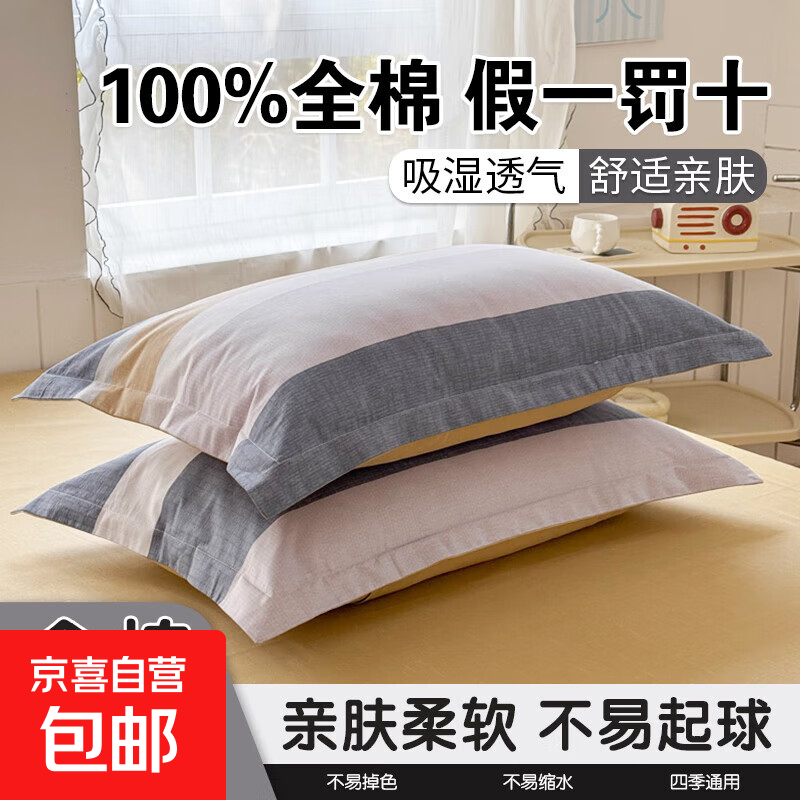 100%棉全棉枕头套一对装家用宿舍枕套单个枕芯内胆套a类亲肤纯棉 枕套灰条纹 【100%全棉假一罚十】 单只 48cm*74cm