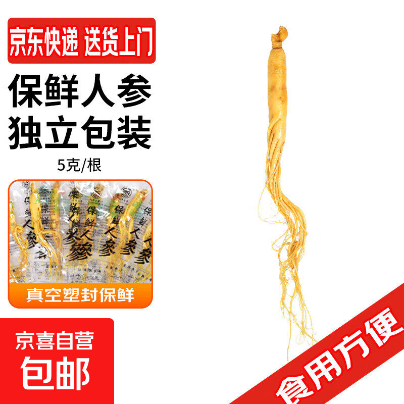 新鲜人参 5g/根 保鲜人参 真空塑封鲜参东北人参泡酒炖汤材料 1根