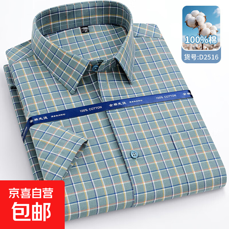 2025夏季纯棉短袖衬衫男商务休闲格子半袖衬衣100%全棉大码上衣 D2516 全棉短袖 44 建议180-195斤