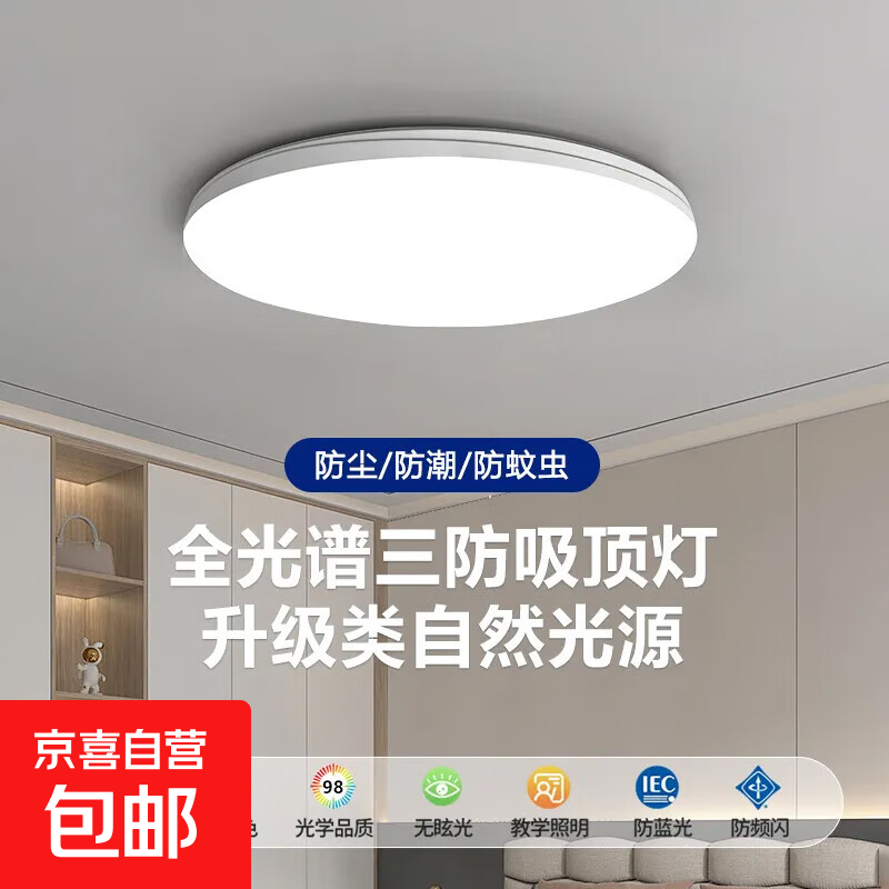 led超薄三防吸顶灯圆形防水浴室卫生间阳台卧室厨卫灯过道走廊灯 超亮18W-【白光】-直径23cm