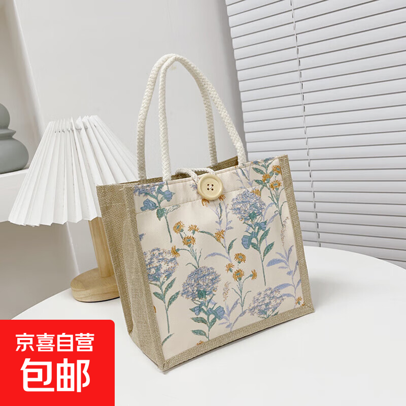 亚麻手提包包女2025新款日系少女小拎袋高颜值外出百搭ins便当袋 淡雅紫