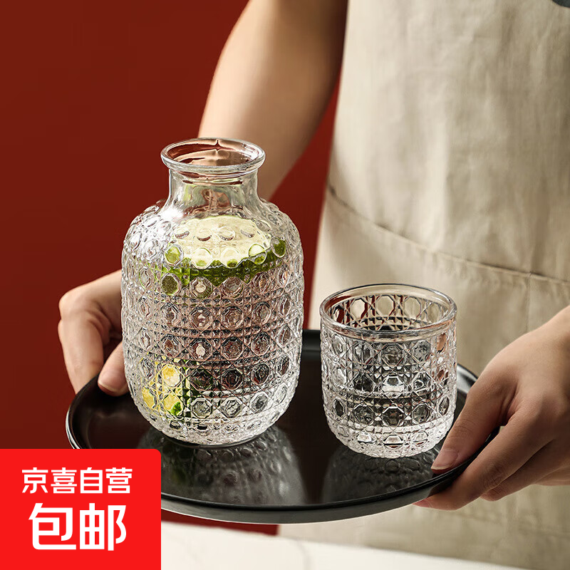 浮雕宝石纹大容量玻璃凉水壶家用果汁杯清酒壶杯套装 透明一壶一杯 590ml