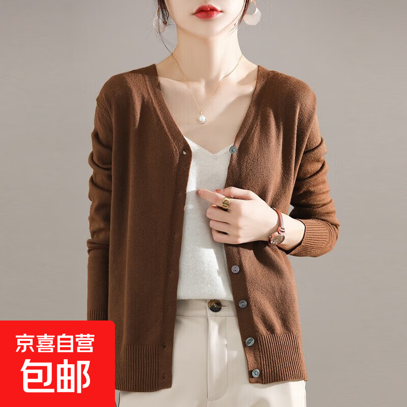 【可外穿可内搭】开衫女V领针织衫女百搭上尚宽松小外套打底外搭 焦糖色 M 【80-100斤】