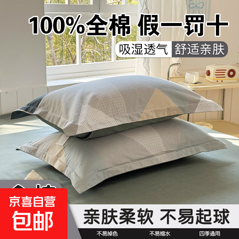 100%棉全棉枕头套一对装家用宿舍枕套单个枕芯内胆套a类亲肤纯棉 枕套三角格 【100%全棉假一罚十】 单只 48cm*74cm
