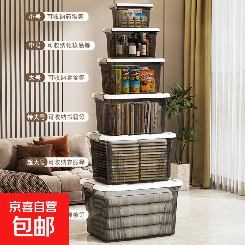 京东物流 加厚透明收纳箱塑料大容量车载家用装衣服玩具储物盒 中号：长32宽22.5高19cm