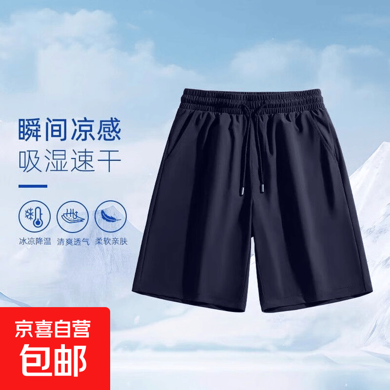 夏季冰丝短裤男薄款宽松大码休闲运动速干跑步健身裤五分裤大裤衩 藏青色-D95 3XL