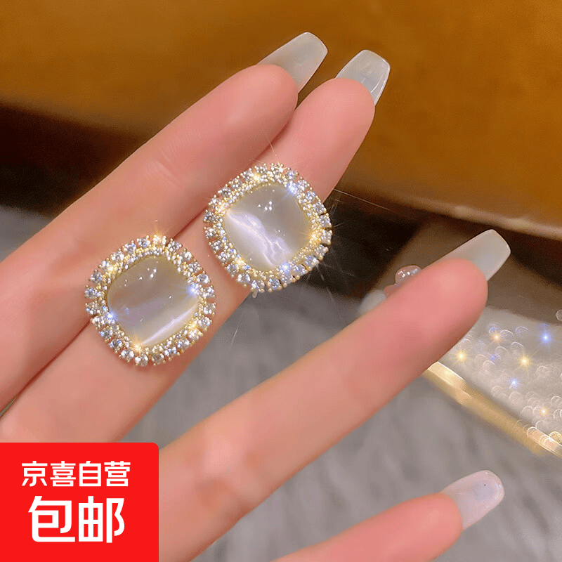 s925银针水钻猫眼石复古小巧耳钉感耳环2023年新款女气质耳饰 主图款