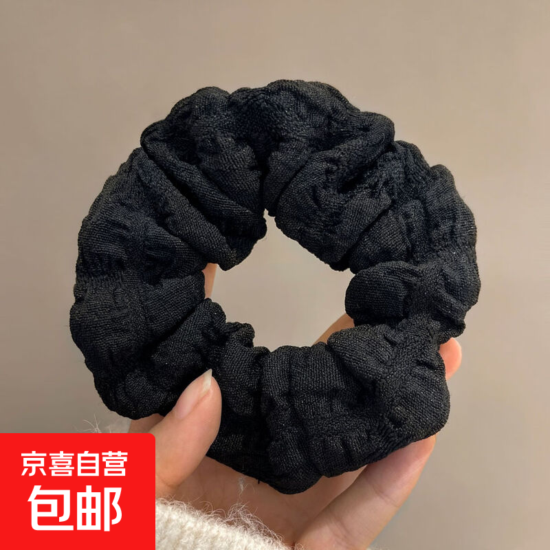 新款奶油泡芙大肠发圈女简约复古褶皱头花头绳丸子头皮筋气质发饰 黑色奶油褶皱发圈