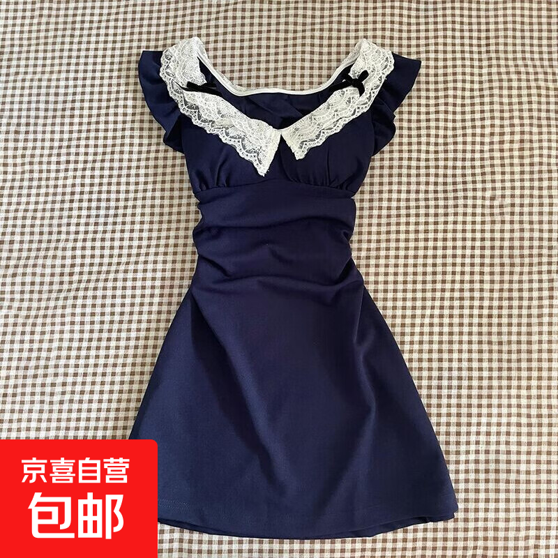 法式气质蕾丝小飞袖连衣裙子女装夏季2025新款小个子收腰A字短裙 藏蓝色 XL /60/65kg