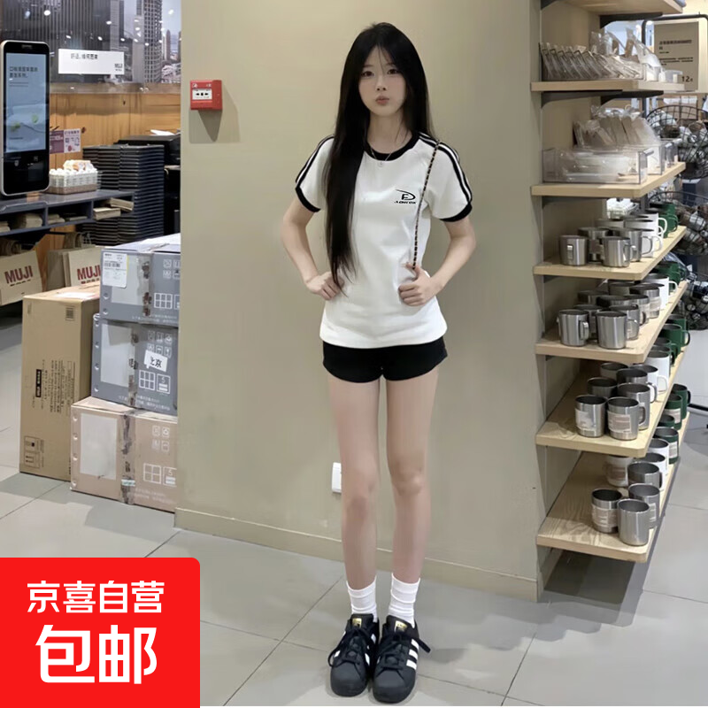 短袖t恤女2025夏季新款纯棉修身显瘦条纹小个子半袖休闲运动上衣 白色 M
