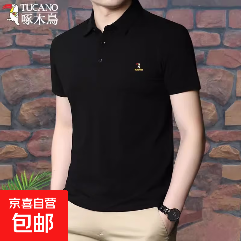 啄木鸟男士纯棉短袖T恤翻领夏季新款商务休闲丝光棉POLO衫半袖男 啄 22001黑色 XL 建议135-155斤