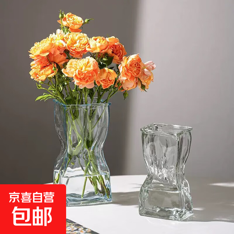 ins风玻璃花瓶简约透明水培花瓶北欧家居插花小花瓶客厅装饰摆件 17方口福袋花瓶1个 透明色