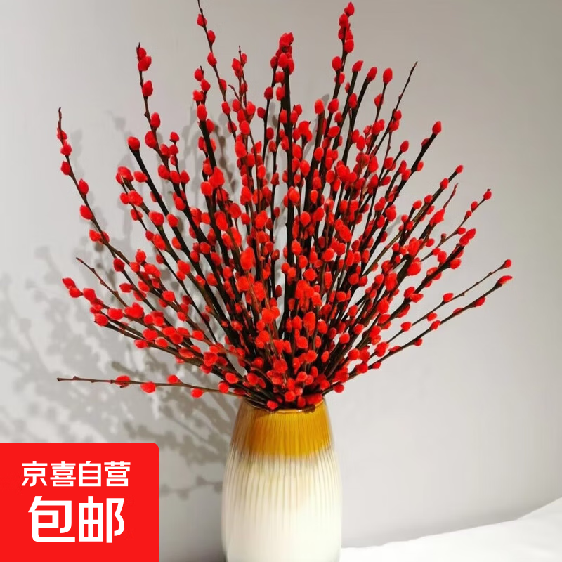 招财红火年宵花鲜切真花红色银柳60CM搭发财果六叉仿真冬青送挂件 红色银柳60CM10枝+1支6叉仿冬青+送挂件