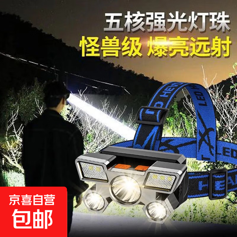 超强光头灯可充电超亮远射户外头戴式矿灯野外特种兵照明夜钓鱼灯 五核爆亮金色灯头【灯带随机】