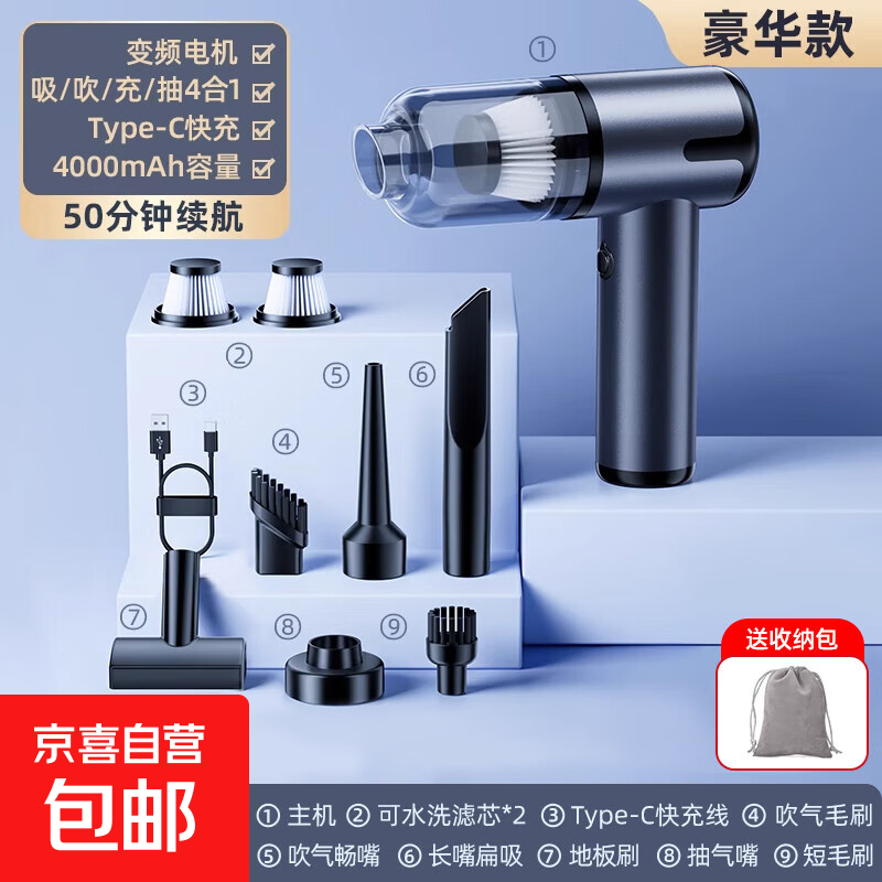 车载吸尘器大吸力超强无线小型手持式车用家用两用汽车车内大功率 【吸吹抽充-豪华款】黑色