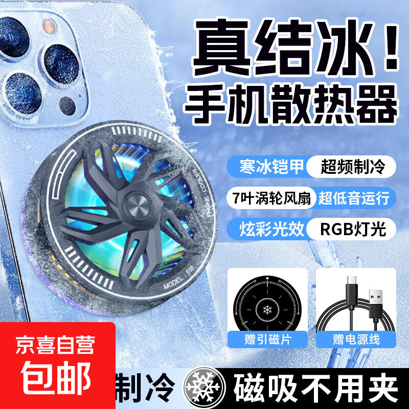 【冰神】结冰磁吸背夹散热器半导体降温制冷电竞直播游戏手机平板通用 S18结冰款黑色-插电款+磁吸片+背夹+1对指套
