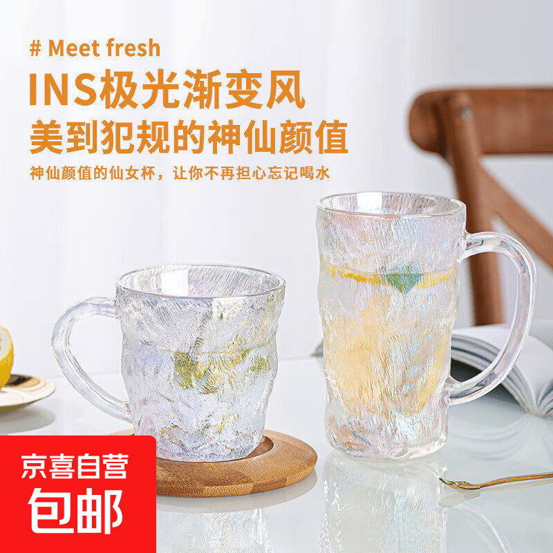 冰川纹玻璃杯家用杯子水杯女高颜值茶杯带把手ins风牛奶杯耐高温 带把冰川杯高款 400ml