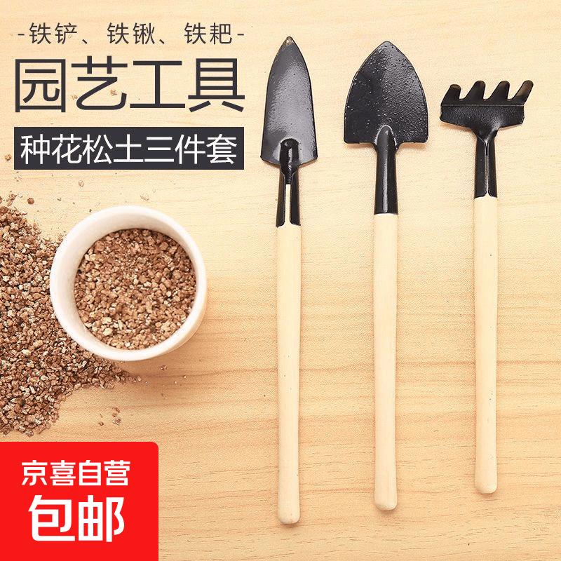 种花工具家用套装种菜栽花养花多肉铲松土耙子铁锹园艺小铲子三件 小号细柄三件套