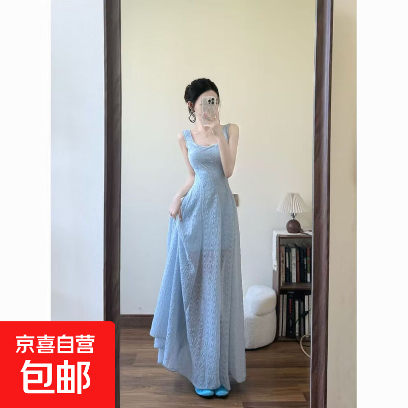 夏季蓝色法式吊带连衣裙女2025新款气质收腰显瘦a字海边度假裙子 蓝色 S