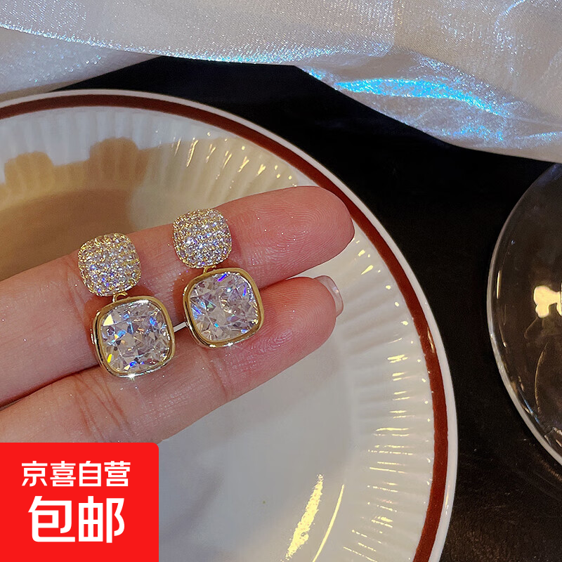 S925银针简约锆石耳钉女2024年新款潮轻奢风高级感百搭超闪耳饰品 S925银针几何耳钉