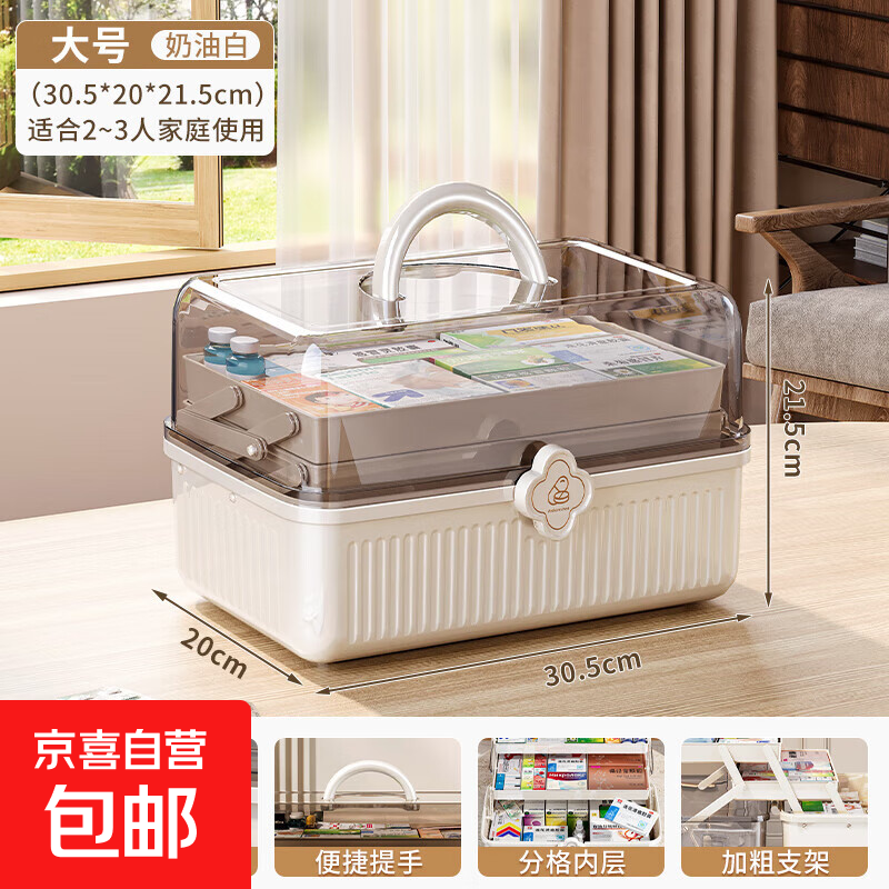 京东物流 家用医药箱急救箱药品收纳盒药物医疗大容量手提急救 大号3层/奶油白【推荐2-3人家庭】