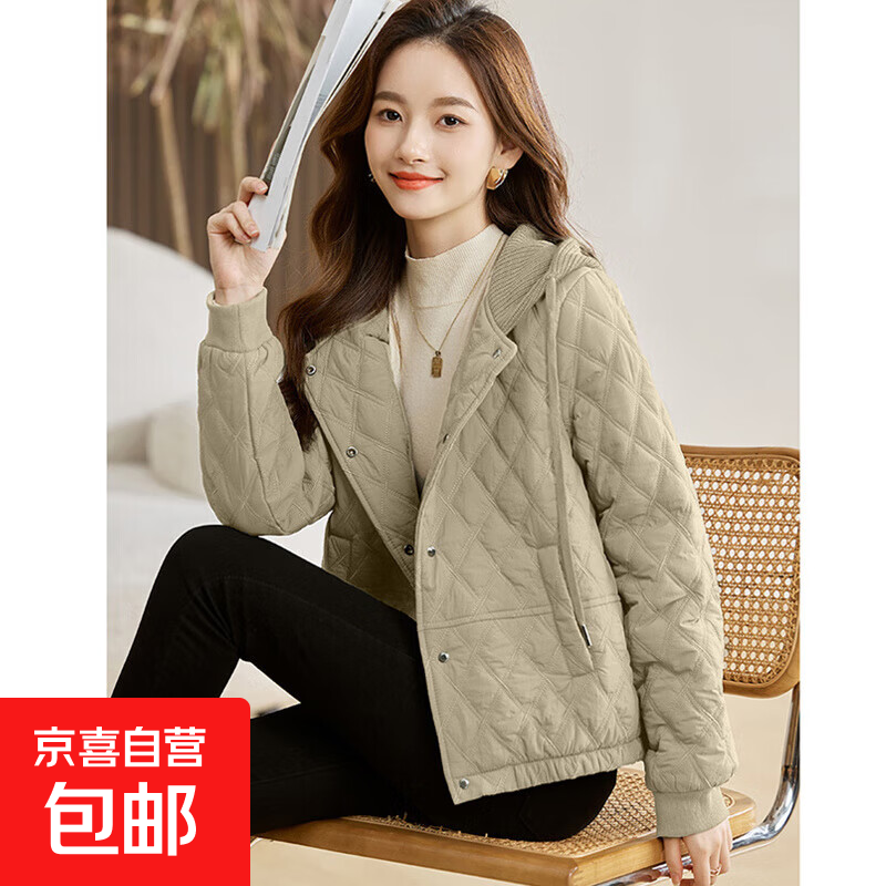 夹棉轻薄棉衣女小香风外套秋冬新款气质休闲减龄连帽棉服上衣棉袄 卡其色 XL 106-120斤