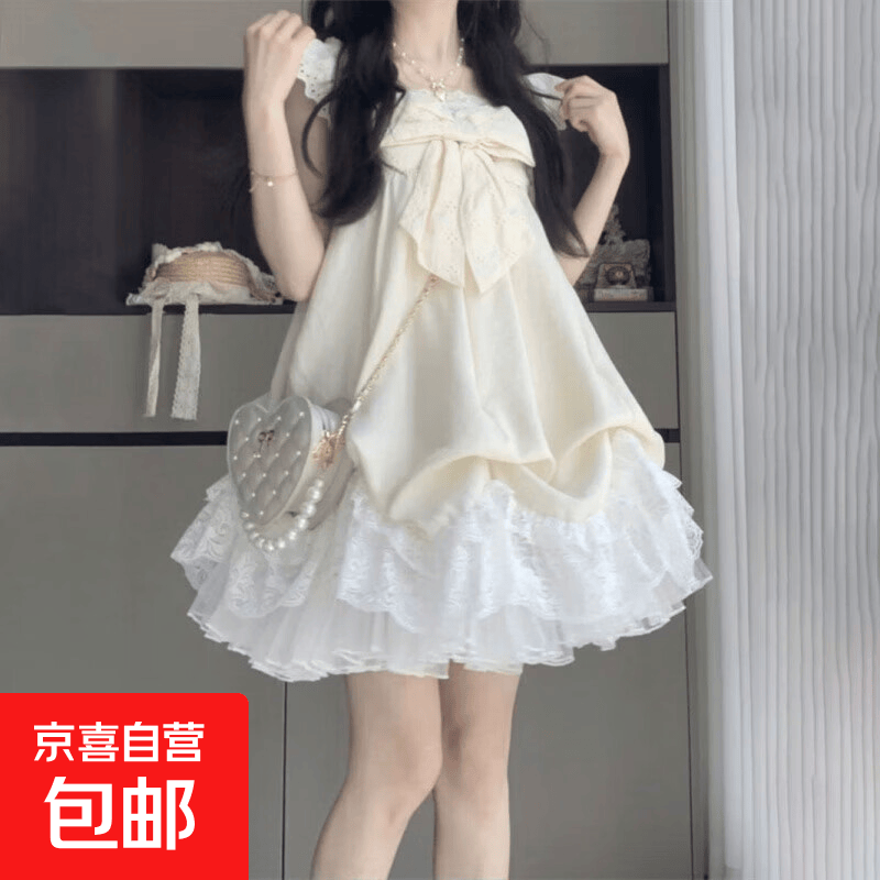 短袖白色连衣裙女夏季2025新款小个子法式泡泡袖收腰显瘦蛋糕裙 花苞连衣裙 M