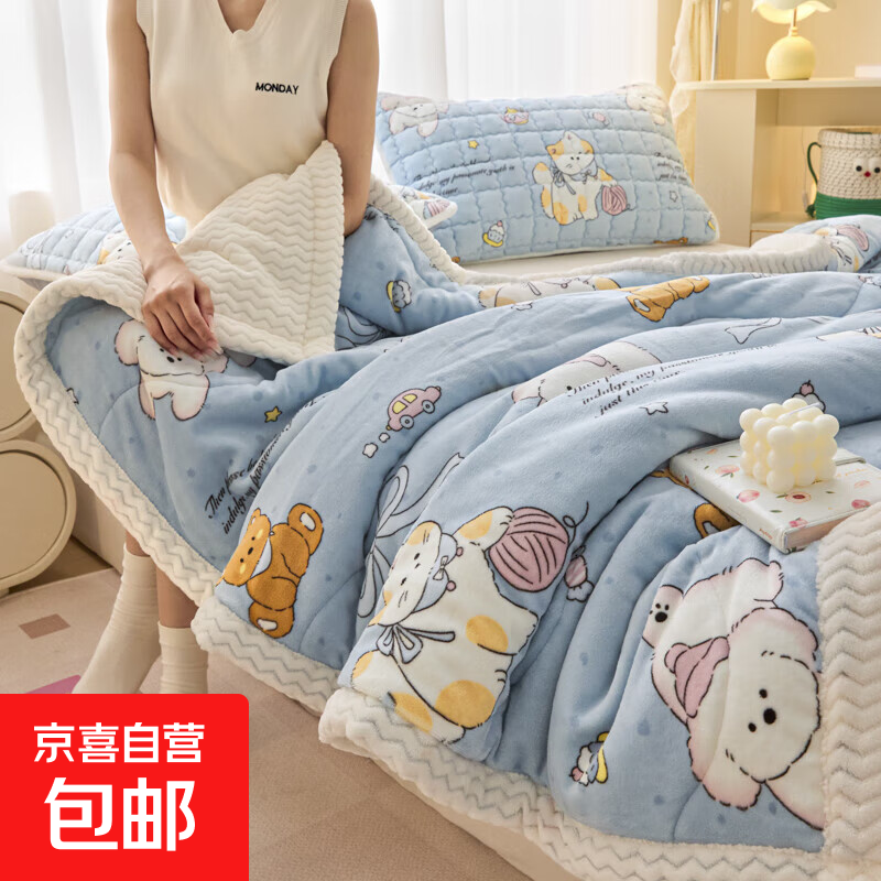2025秋冬新款加厚三层夹棉牛奶绒贝贝绒毯冬季保暖盖毯复合毛毯 欢乐宠物【厚实保暖】 枕套一只