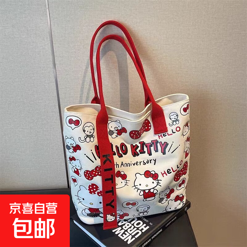 韩系卡通蝴蝶结手提包日系极简帆布包单肩上课通勤便当包 【带飘带】KT红色27*26cm