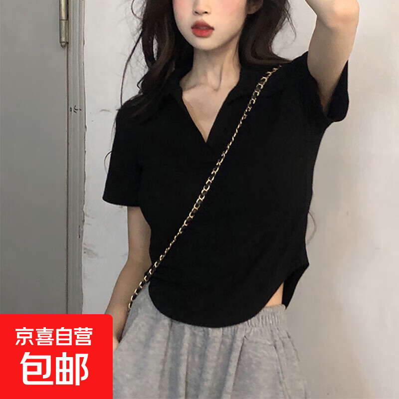黑色 Polo 翻领短款短袖 T 恤 女夏季 2025 新款 韩版 – 仅 9.99 元！