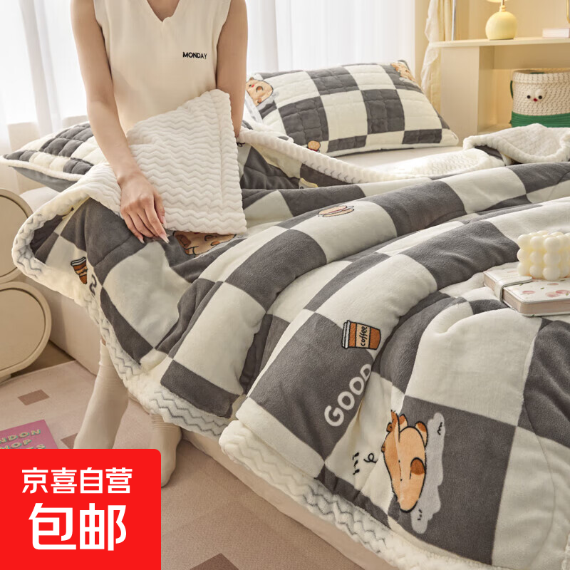 2025秋冬新款加厚三层夹棉牛奶绒贝贝绒毯冬季保暖盖毯复合毛毯 水豚格语【厚实保暖】 枕套一只