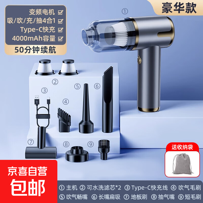 车载吸尘器大吸力超强无线小型手持式车用家用两用汽车车内大功率 【吸吹抽充-豪华款】枪色