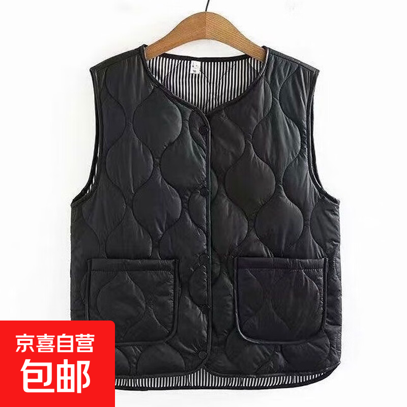 秋冬轻薄上衣棉马甲背心宽松新款大码女装保暖外穿显瘦内搭马夹女 黑色 【条纹内里】 3XL 【建议110-125斤】