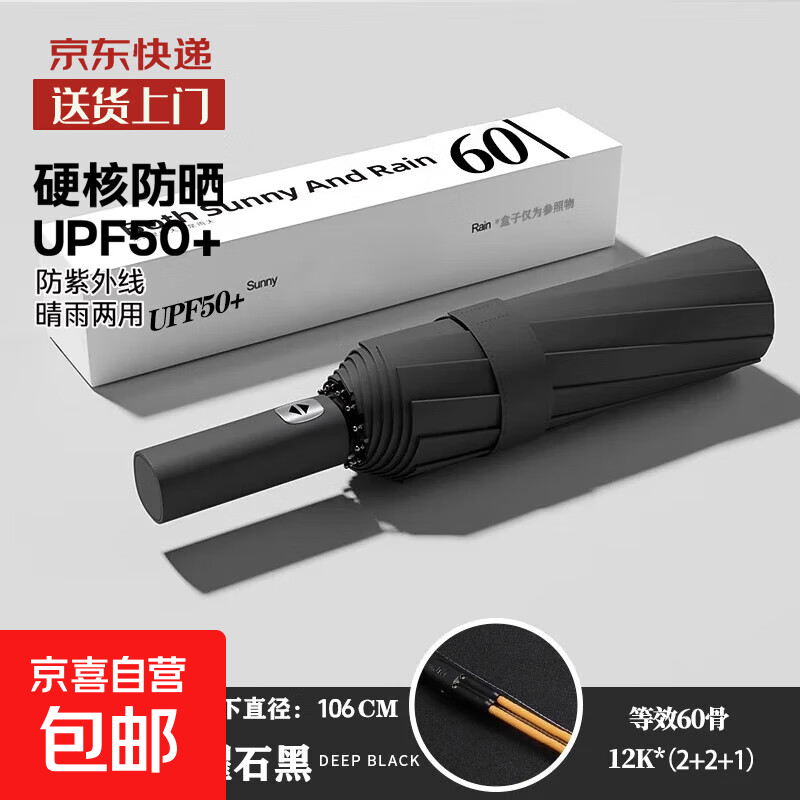 108骨雨伞自动男女折叠加大太阳伞晴雨两用伞防晒防紫外线遮阳伞 全自动【60根双龙骨晴雨伞】黑色