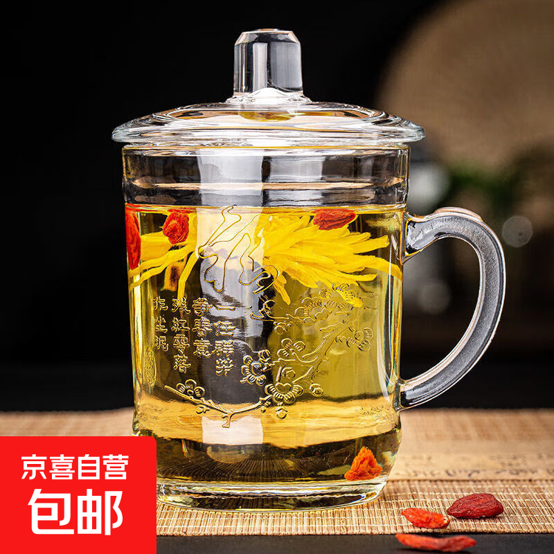 家用耐热玻璃杯耐高温防爆办公室待客杯子棋牌室带盖带把泡茶杯 福字泡茶杯（带盖） 380ml 1只