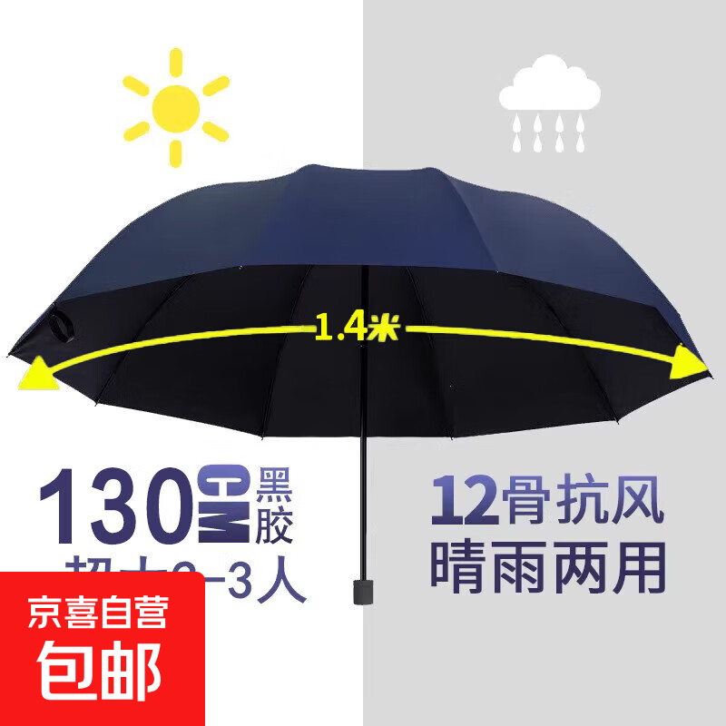 加固折叠雨伞手动结实耐用黑胶晴雨伞两用遮阳防晒学生雨伞 藏青-超大号130cm黑胶防晒款 12骨