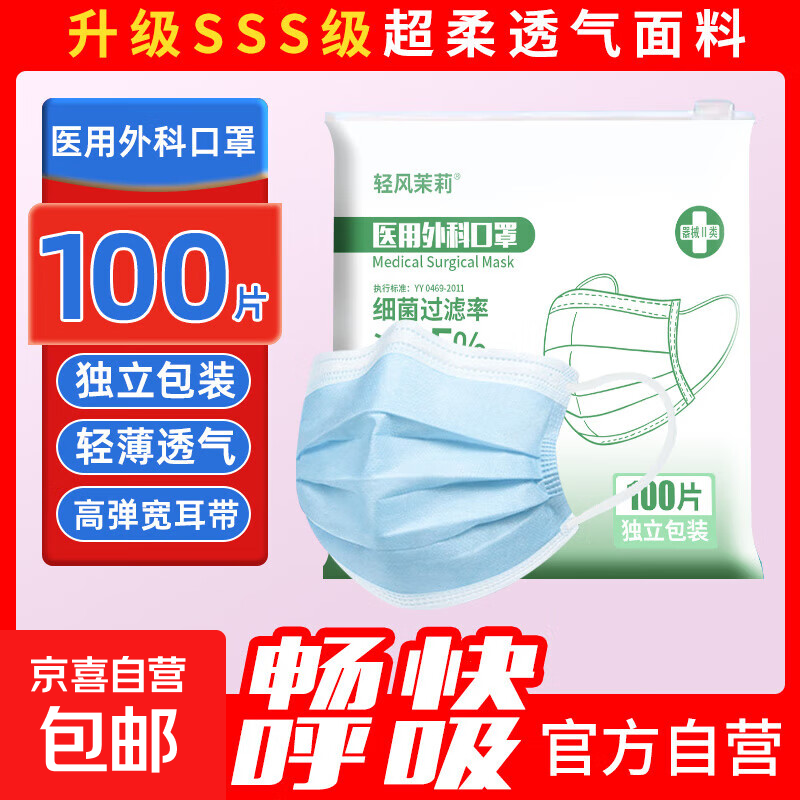 一次性医用外科口罩三层超薄透气独立包装防病毒花粉防晒防尘 【好评如潮】蓝色100只独立装/1袋