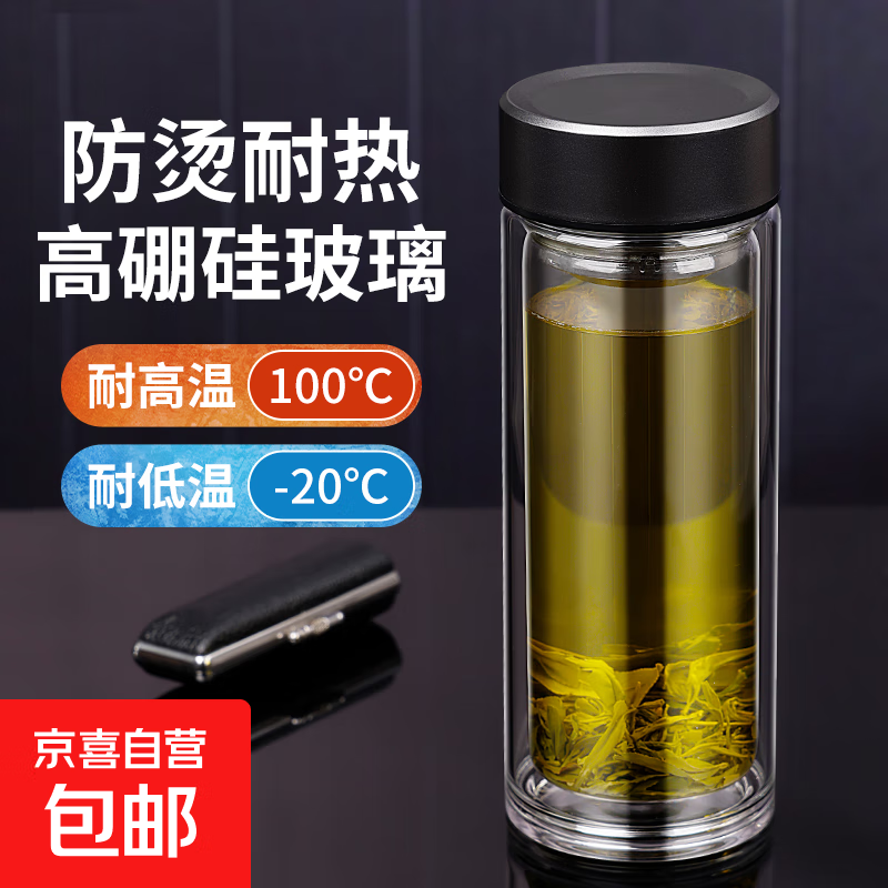 500ml双层高硼硅耐高温玻璃 透明耐热防烫水杯带盖泡茶杯 枪色盛景盖千层特大杯 500ml 1只
