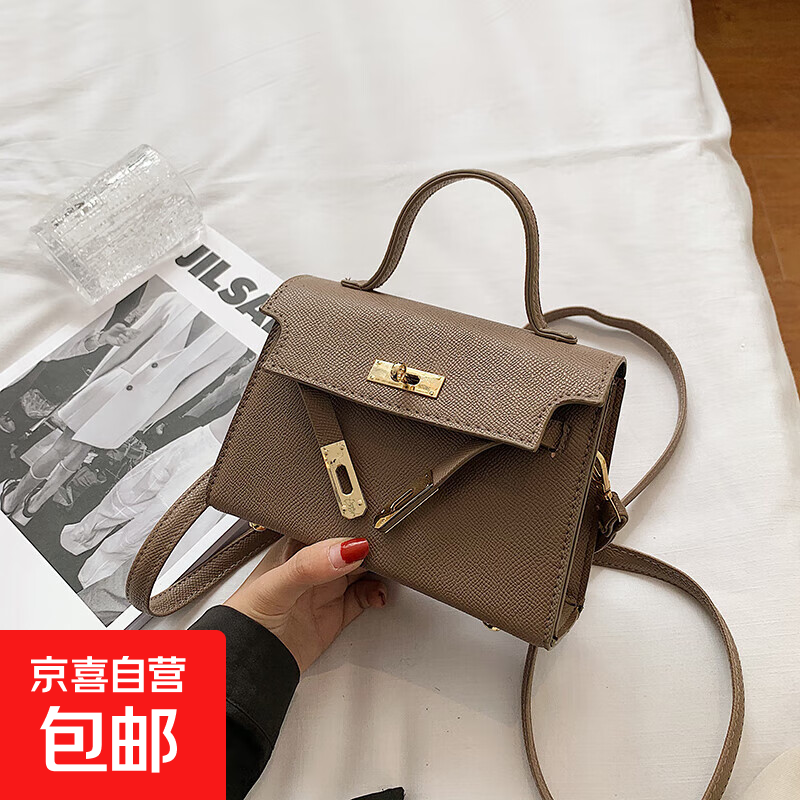 时尚网红凯莉包mini小包包女2025新款潮百搭轻奢手提包单肩斜挎包 深卡其