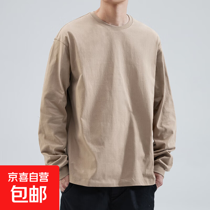 2025春秋款重磅长袖T恤男纯棉宽松圆领卫衣男生白色打底衫 卡其色 L 体重推荐115-135斤