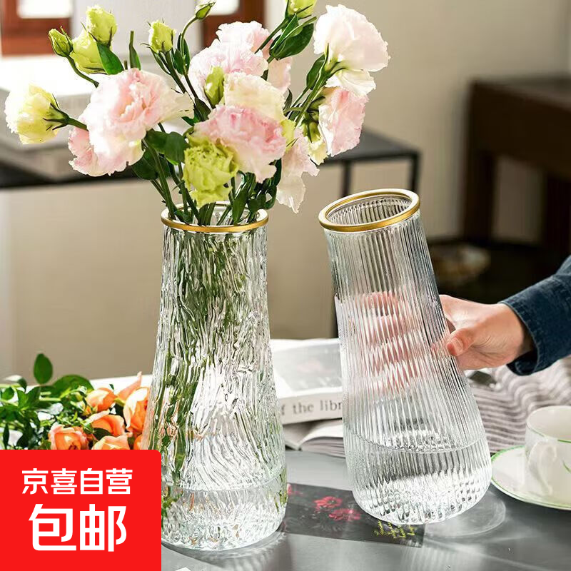 北欧简约创意透明大肚玻璃花瓶 ins风水养鲜花干花插花台面装饰品 （17高）水波纹