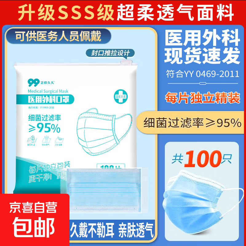 【独立100片】医用口罩透气口罩加宽耳带三层防护面罩防晒防花粉 （限时福利）蓝色100只/1袋
