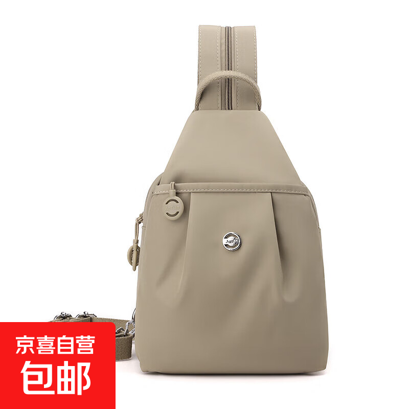 妍雨2025新款简约百搭防盗女士胸前包时尚牛津布休闲小背包迷你双 浅卡其