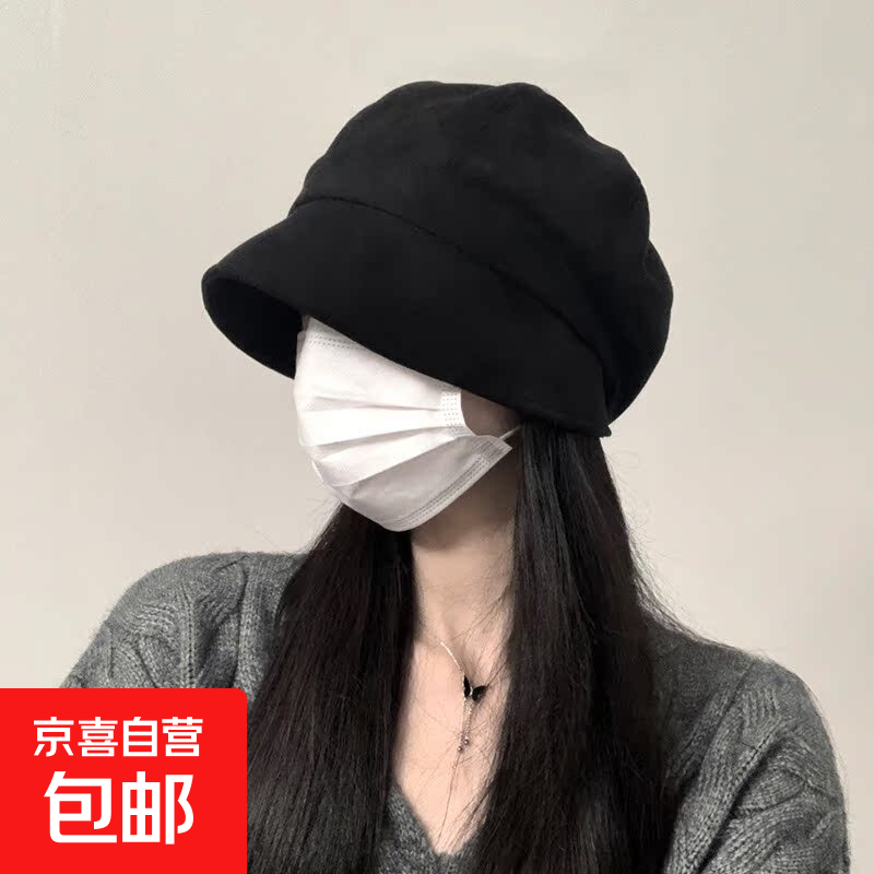 贝雷帽子2025新款女春秋冬季大头围素颜堆堆冷帽显脸小渔夫帽 #704-黑色【主图款】 均码 均码（55-58cm）一般都能带