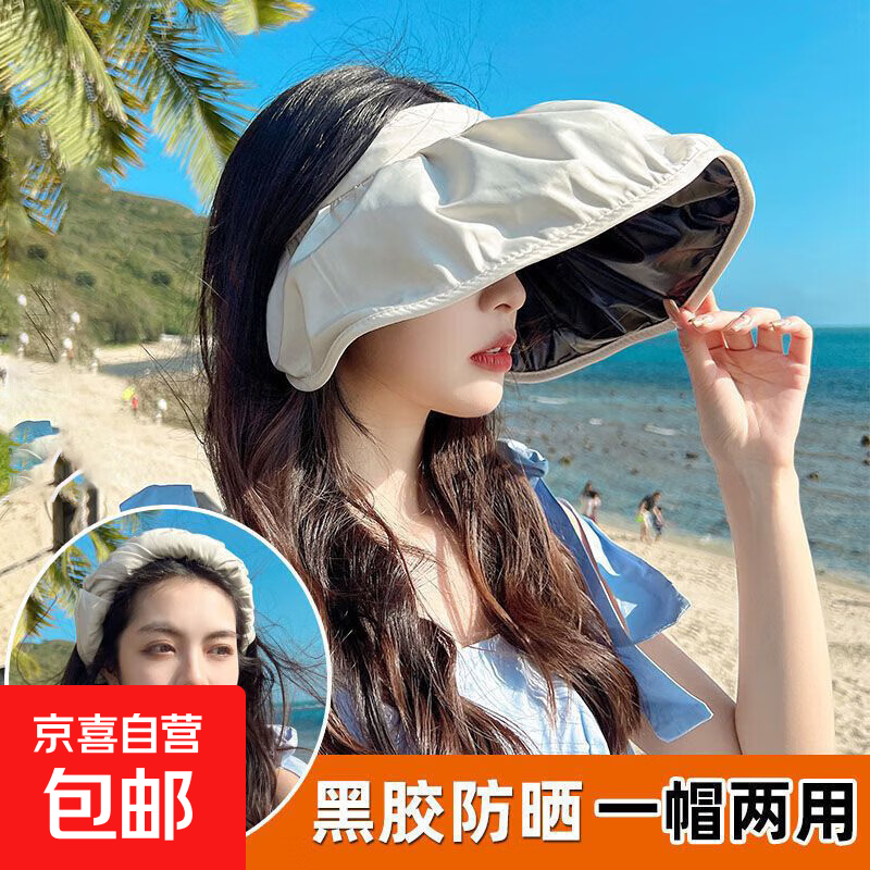 防晒帽女夏季空顶帽骑行开车遮阳帽子户外uv太阳帽大檐透气太阳帽 黑胶防晒帽米色
