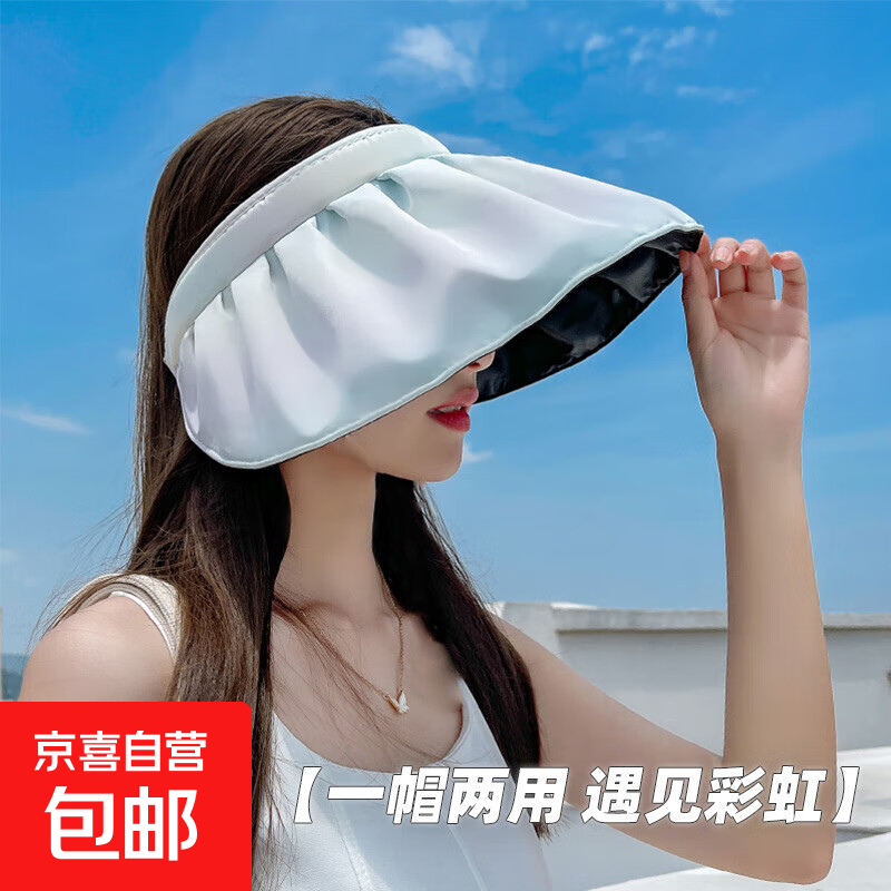 2025年黑胶帽子女彩虹帽渐变色贝壳帽无防风绳大空顶可折叠遮阳帽 渐变彩虹贝壳帽-蓝色