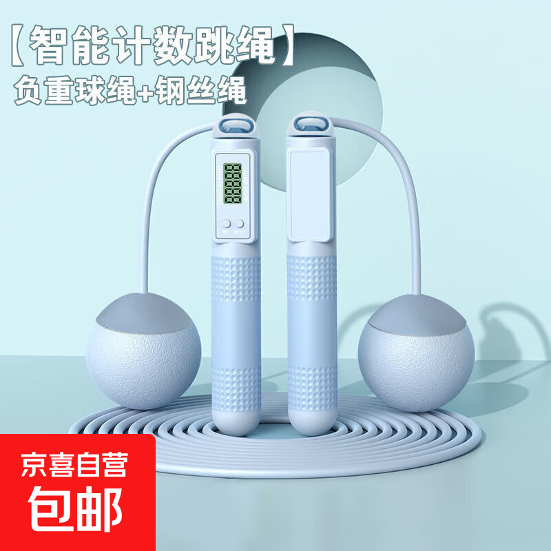 跳绳钢丝成人款两用负重智能计数电子无绳球跳绳体育运动用品 蓝色【长绳+负重大球】收纳袋包